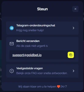 Goldbet Casino ondersteuningsvenster met Telegram chat en e-mailcontact