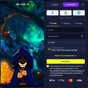 Goldbet Casino registratievenster met welkomstbonus en betaalmethoden